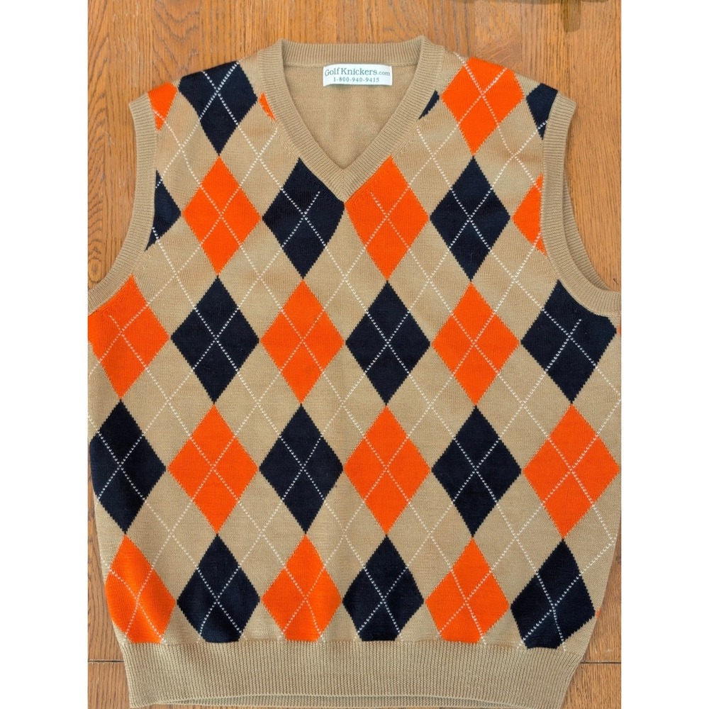 GolfKnickers‎ Mens Argyle Sweater Vest Tan Orange Navy Blue Wool Blend Large